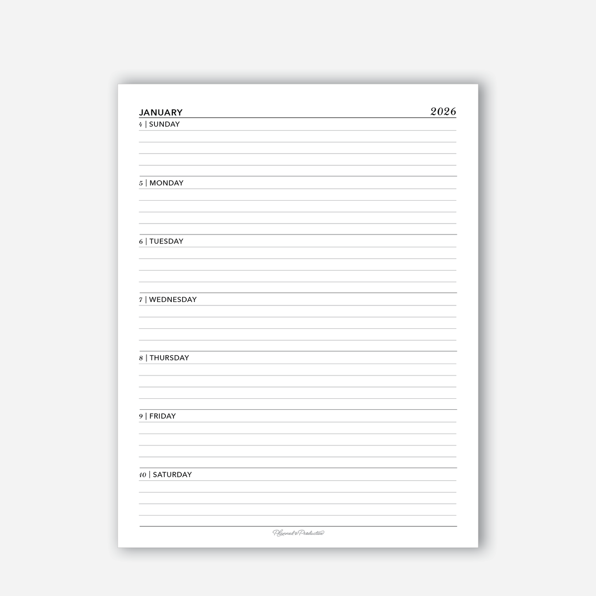 2026 Week on One Page Lined Planner Insert – Planned and Productive
